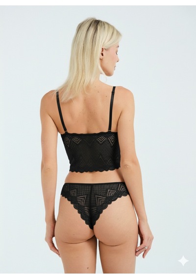Dantel Detaylı Esnek Bralet & Slip Takımı Siyah