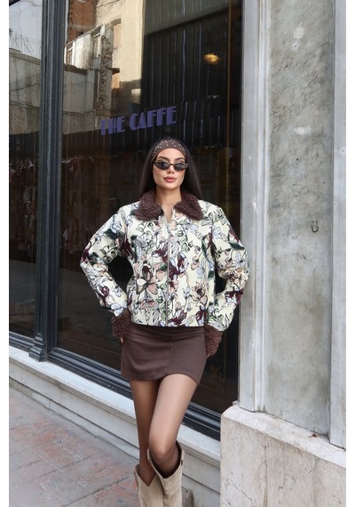 Kechi Woman Çiçek Desenli Kürk Yaka Ceket Çok Renkli