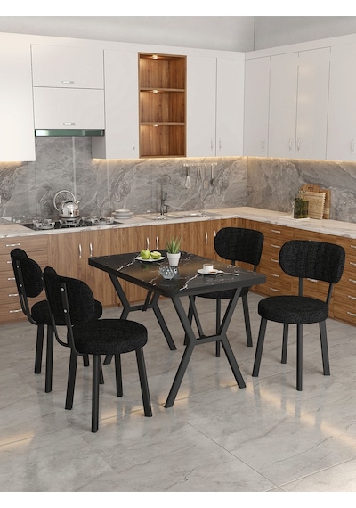 Azra 70x110cm Bendir Mutfak Masası, Mutfak Masası Takımı, Yemek Masası, 4 Siyah Sandalye Siyah