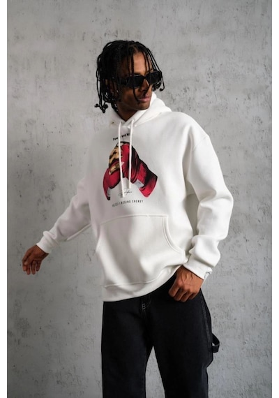 Erkek Kapüşonlu Cepli Boks Eldiven Baskılı 3 İplik Sweatshirt Hoodie - Beyaz