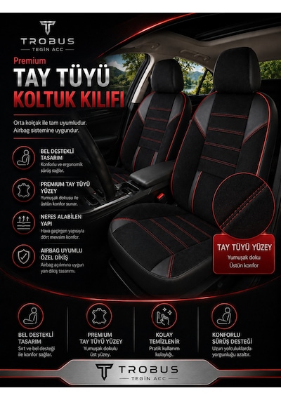 Nova Serisi Tay Tüyü Bel Destekli Siyah Kırmızı Premium Üniversal Koltuk Kılıfı Tam Set