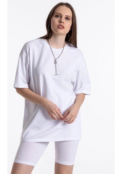 Startmore Beyaz Renkli, Düz, Kısa Kollu Boyfriend T-shirt Ve Biker Tayt Takım Beyaz