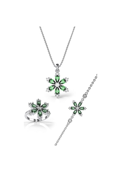 925 Ayar Zümrüt Taşlı Rodyum Lotus Çiçeği 3'lü Gümüş Set Gümüş