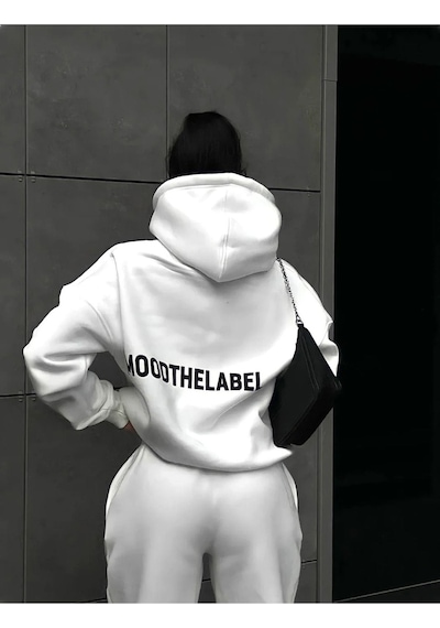 Mood The Label Kışlık Eşofman Takımı - Beyaz Baskılı Kapüşonlu Oversize Şardonlu Beyaz