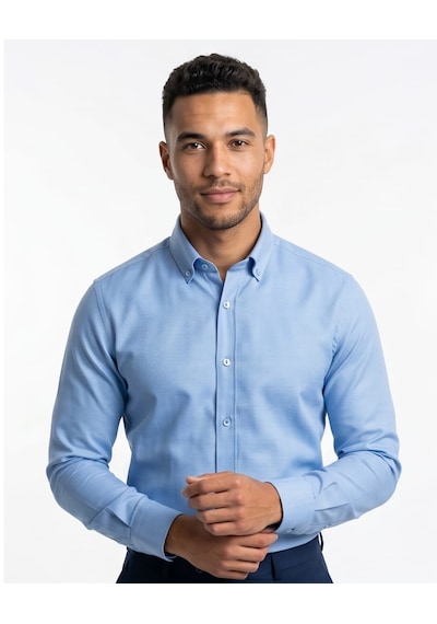 Özeniş Erkek Cepsiz Pamuklu Uzun Kollu Oxford Slim Fit Gömlek Mavi