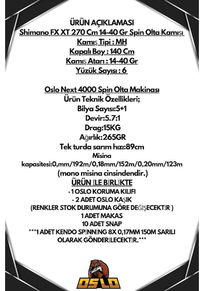 Oslo Next 4000 Shimano Fx Xt 270cm 14-42gr 8x Spin Olta Seti Standart