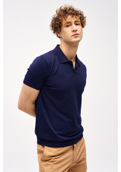Lacivert Slim Fit Dar Kalıp Polo Yaka Düz Kısa Kollu Triko Tişört-16333 Lacivert