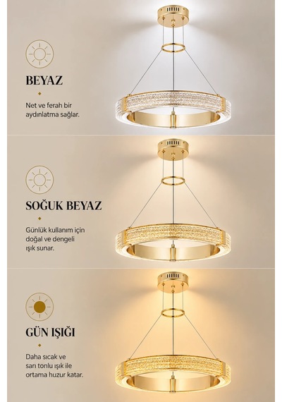 Modern Premium Gold Led Sarkıt Avize Salon Oturma Odası Yemek Odası Avizesi 25w 3 Renk Beyaz