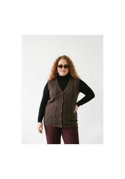 Onno Style Women Büyük Beden Kazayağı Desen Renkli Çelik Örgü Triko Kadın Yelek Bordo