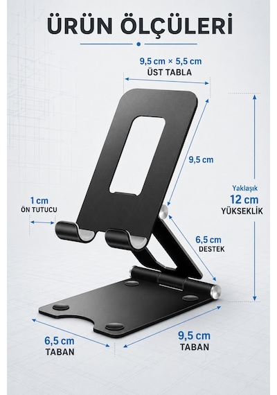 Taşınabilir Katlanabilir Metal Masaüstü Telefon Tablet Standı Ayarlanabilir Tutucu Kaymaz Taban 4-11 İnç