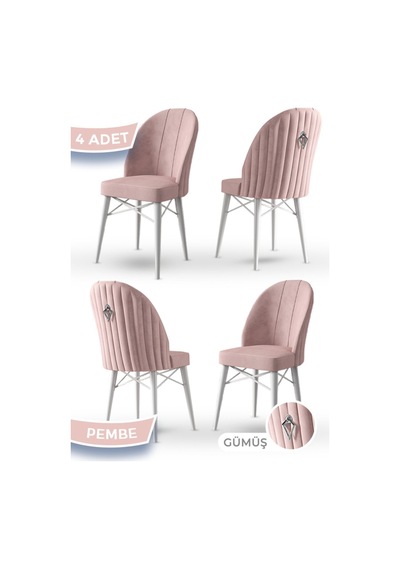 Canisa Ritim Serisi 4 Adet Pembe Sandalye 1.sınıf Babyface Ithal Kumaş Beyaz Gürgen Ayak Gümüş Halkalı Sandalye Pembe Ayaklar Beyaz