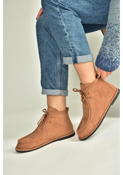 Fox Shoes V846926302 Taba Süet Düz Tabanlı Bağcıklı Kadın Bot Taba