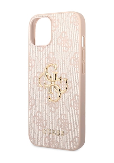 Apple Uyumlu iPhone 15 Plus Kılıf Guess Lisanslı Pu Deri Yazı Ve 4g Metal Logolu Desenli Kapak Pembe