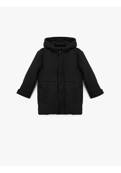 Koton Uzun Kollu Çıtçıtlı Cepli Slim Fit Kapşonlu Mont Siyah 7wkb00008tw