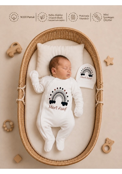 Pia Baby Erkek Bebek 4 Parça Tulum Seti %100 Pamuk İsim Baskılı Kişiye Özel Hastane Çıkışı Battaniyeli 1086bt3x Krem