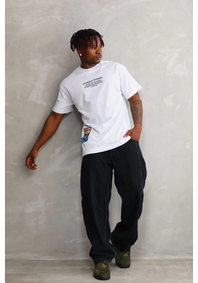 Barlashive Erkek Bisiklet Yaka Baskılı Oversize T-shirt - Beyaz Çok Renkli