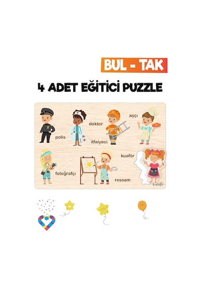 Ahşap Çocuk Puzzle Hayvanlar Taşıtlar Meslekler Ve Meyveler 4 Adet