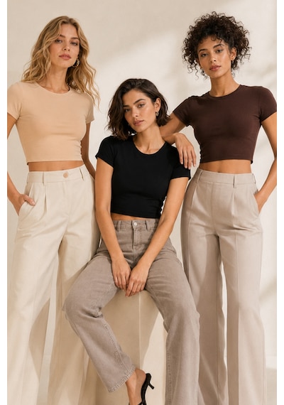 Loule Kadın 3'lü Bisiklet Yaka Kısa Kollu Crop Top Siyah-kahverengi-bej Çok Renkli