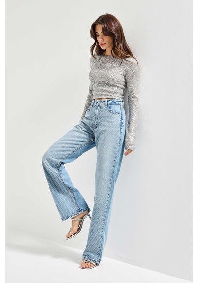 Itsbasic Kadın Kot Rengi Doris T34s527 Parlak Taşlı Tasarım Straight Fit Denim Jean Taşlı Kot Rengi