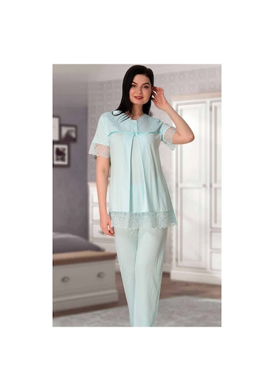 Blackmore Kadın Mavi Süslü Dantelli Lohusa Hamile Pijama 4'lü Set Mavi