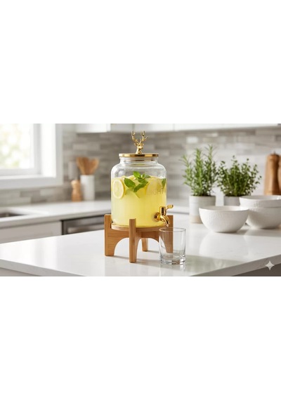 Geyik Figürlü Gold Lüks Cam İçecek Sebili - 3.6 Litre Bambu Standlı Meyve Suyu Kovası