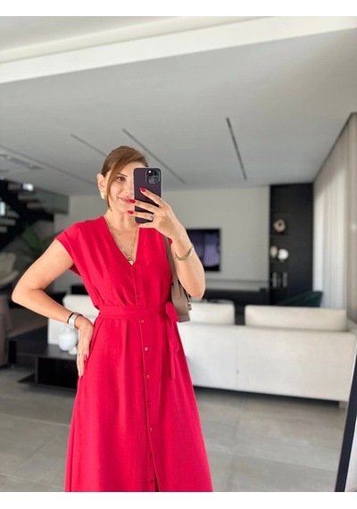 Defymoda Kadınn V Yaka Düğme Detay Kuşak Dahil Elbise Kırmızı