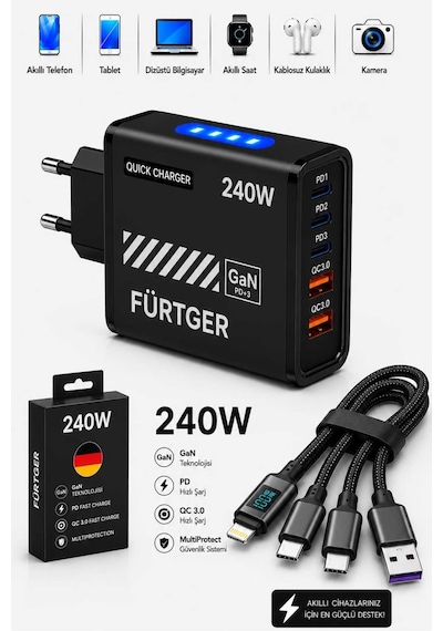 Fürtger German Frt-20w Sy 3 Type-c + 2 Usb-a Toplam 5 Çıkışlı + 20w Şarj Aleti + 4 Başlıklı Şarj Kablosu