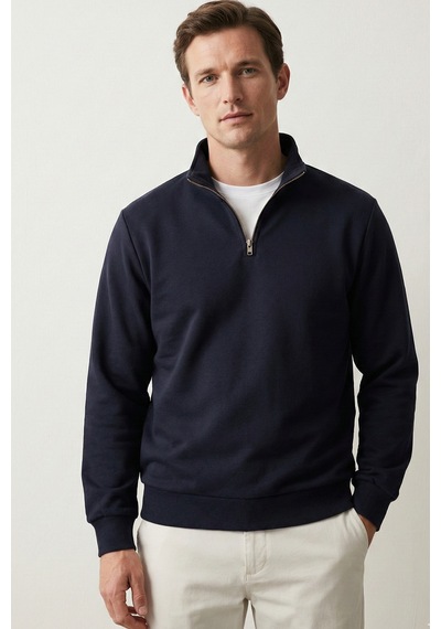 Elemge Pamuklu Erkek Sweatshirt Lacivert Soft Touch Relax Fit Yarım Fermuarlı Dik Yaka 3 Iplik Nefes Alan
