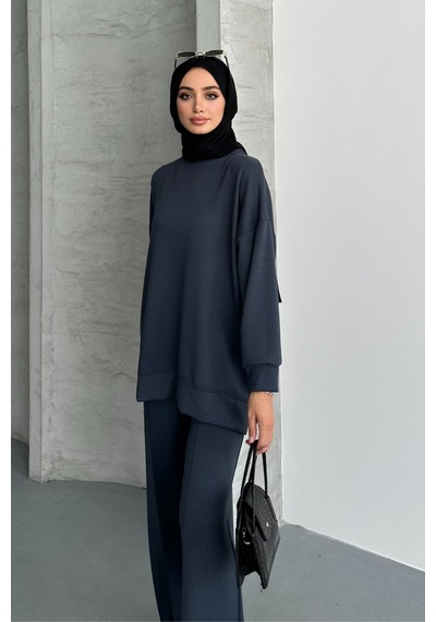 Feela Moda Kadın Modal Penye Oversize Tesettür Tunik Takım 2020 Antrasit