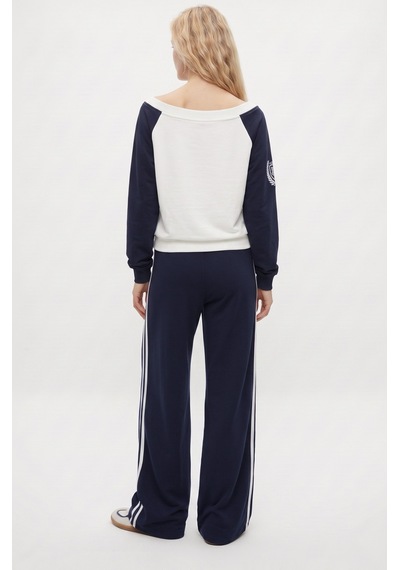 Ritnice Kadın Stone Kayık Yaka Sweatshirt Şeritli Alt Eşofman Lacivert Alt Üst Takım