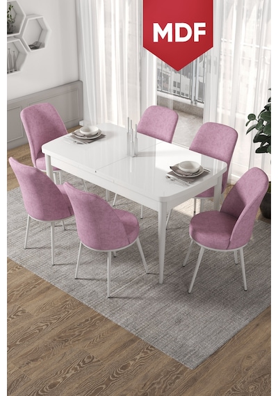 Canisa Concept Kor Serisi 70x114 MDF Açılabilir Mutfak Masası Takımı Beyaz Masa 6 Pembe Sandalye Masa Beyaz Sandalyeler Pembe
