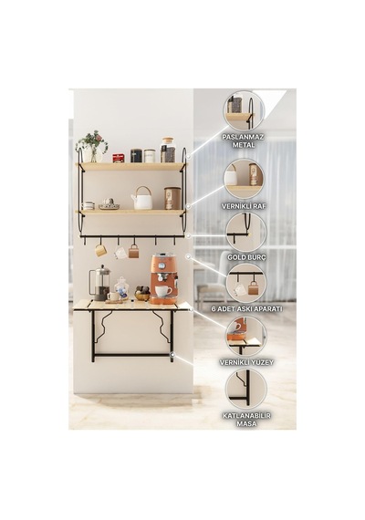 Tr Modern Kahve Köşesi 3'lü Set, Ahşap Vernikli Duvar Rafı, Metal Askılık, Katlanabilir Mutfak Masası, Siyah Genel