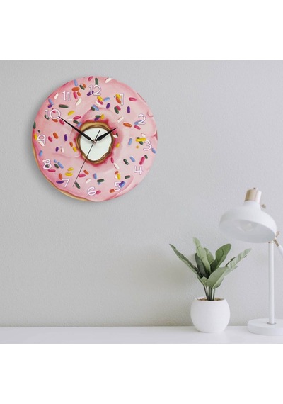 CajuArt Dekoratif Pembe Donut Yuvarlak Ahşap Duvar Saati Ahşap