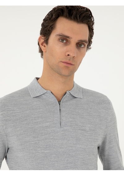 Cacharel Gri Regular Fit Yün Karışımlı Fermuarlı Polo Yaka Basic Triko Kazak