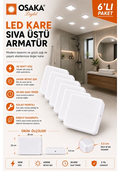 6 Adet Osaka 40w Kare Sıva Üstü Armatür Beyaz Işık 6500k