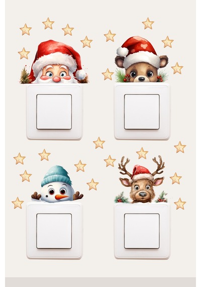 Priz Yılbaşı Lü Set Noel Baba Kardan Adam Geyik Neşeli Yeni Yıl Dekoratif Sticker