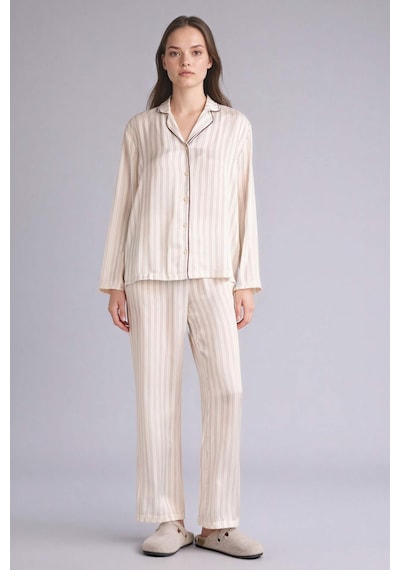 Defacto Çizgili Saten Pijama Takımı Üst Alt G0227ax26sper99 Ekru-er99