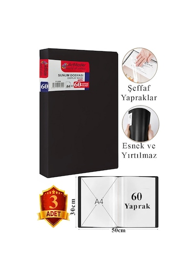 Siyah Sunum Dosyası 60 Lı 3 Adet Poşet Dosyalı Katalog Dosyası 60 Poşetli Kendinden Dosya Plastik Kapaklı