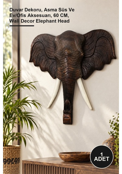 1 Adet Ahşap Duvara Asmalı Fil Kafası Duvar Dekoru, Asma Süs Ve Ev/ofis Aksesuarı, 60 Cm, Wall Decor Elephant Head