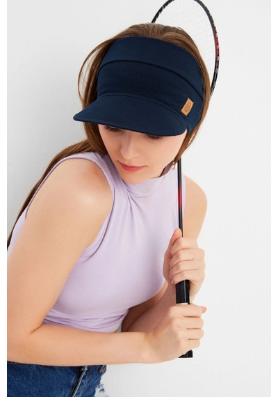 Butikgiz Kadın Uv Korumalı Katlanabilir Üstü Açık Yumuşak Siperli %100 Pamuklu Penye Tenis Vizör Şapka Lacivert