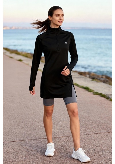 Tommylıfe Siyah Yarım Fermuarlı Dik Yaka Standart Kalıp Kadın Sporcu Tunik - 97309