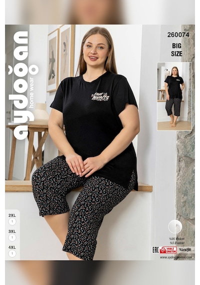 Aydoğan Kadın İnci Büyük Beden Siyah Kapri Pijama Takım 0074 Siyah