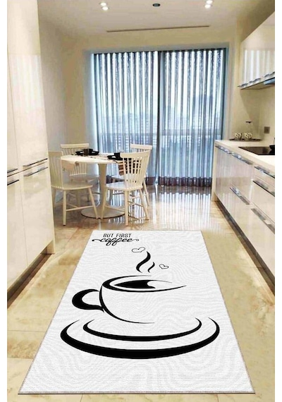 Gri Kaymaz Taban Yıkanır Fincan Desenli Mutfak Halısı Ar830n11
