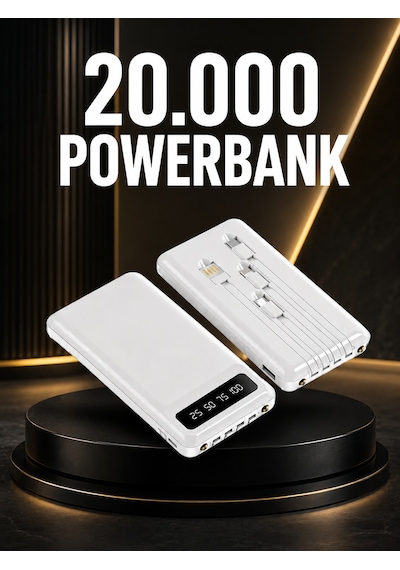 20.000mah Pd Powerbank Led Işık Lcd Ekran Dahili Kablo Çoklu Giriş Yeni Nesil - Lisinya Beyaz
