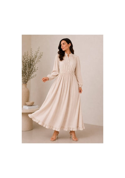 Hira Life Fashion Kadın Çilek Kumaş Ve Önü Düğmeli Eteği Fırfırlı Hakim Yaka Elbise Taş Taş