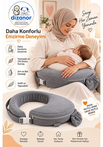 Dizanor Ayarlanabilir Kemerli Çok Amaçlı Emzirme Minderi Fermuarlı Yıkanabilir Kılıf 56x50x11 Cm - Gri
