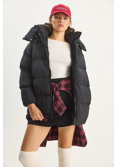 Shade Kadın Kapüşonlu Cep Detaylı Astarlı Oversize Krinkıl Şişme Mont 60283684 - Siyah