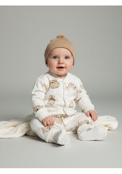 Zekids Bebek Pamuklu Eldivenli Üst Ve Patikli Altlı Pijama Takımı-16787 Bej