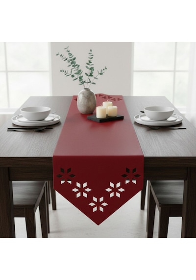 1 Adet Deri Runner-40x140 Cm-çiçek Desenli Runner Kırmızı