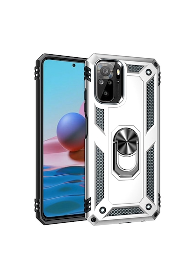 Xiaomi Redmi Note 10 Kılıf Sofya Yüzüklü Armour Silikon Kapak - Gümüş Gümüş